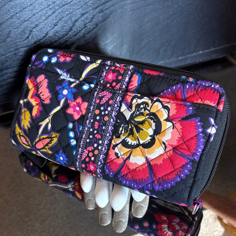 Vera Bradley Black Floral Quilted Zip Wallet with Pink, Purple, Yellow Accents